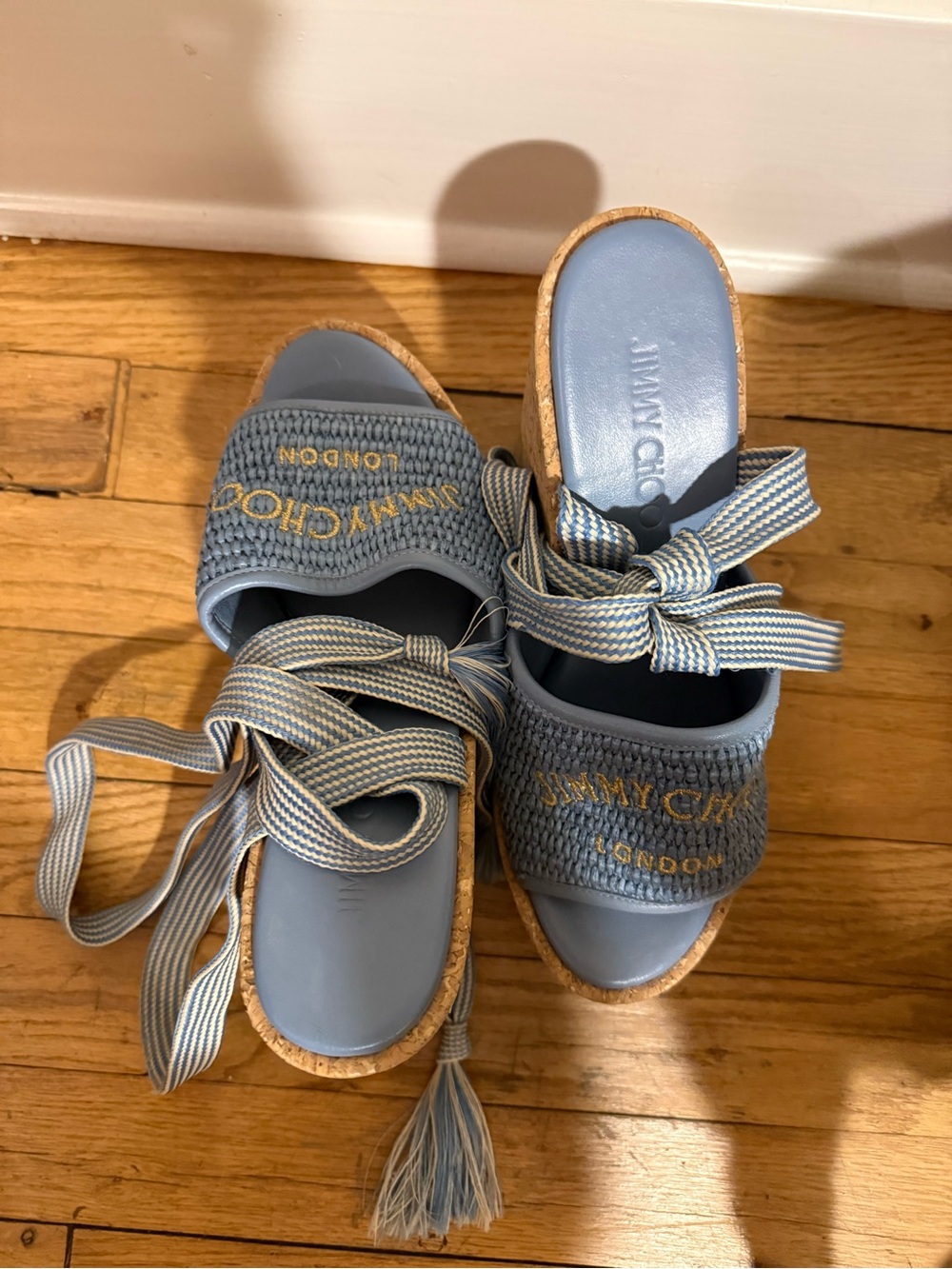 Jimmy Choo Gal Wedge 130 Raffia- Powder Blue Woven Cork Lace-Up Platform Sandals - Picture 4 of 6